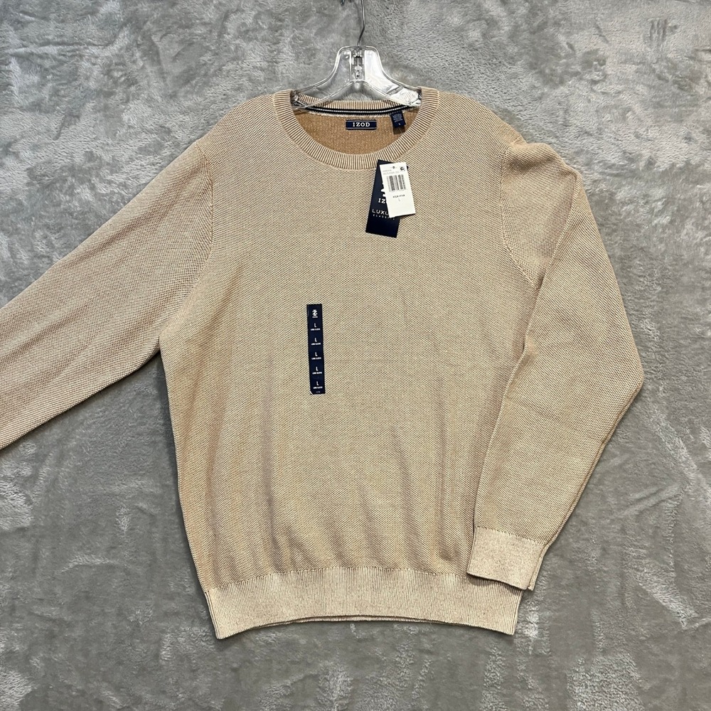 IZOD Sweater Mens L Tan Rock Heather Luxury Classics Crewneck Cotton Blend NWT
